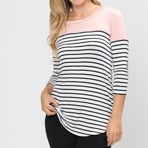 3/4 SLEEVE COLOR BLOCK TOP WITH ELBOW PATCH